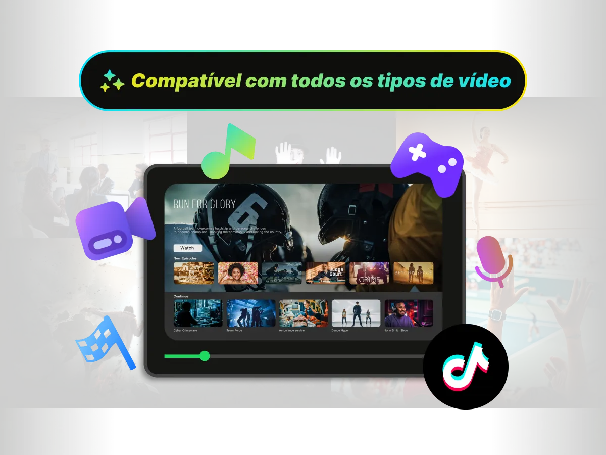 Um player de vídeo da ferramenta do WayinVideo, cercado por ícones de jogos, redes sociais e esportes, ilustrando suporte para todos os tipos de vídeo.